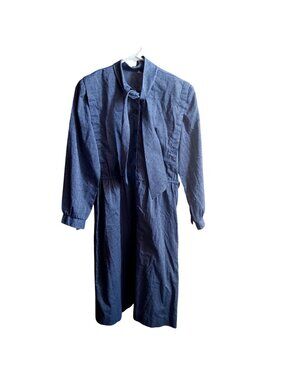 True Vintage Dress Granny Secretary 8 1980's Blue Midi Tie Neck Thin Perm Press